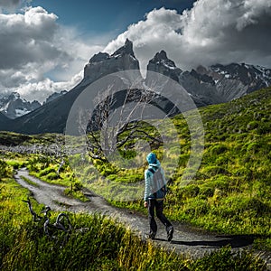 Woman hiker walks on the trail