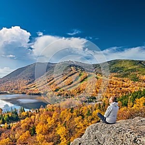 Woman hiking at Artist`s Bluff in autumn