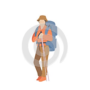 Woman with hiking backpack, hat and trekking sticks. Young explorer or traveller in sportswear. Adventure tourism