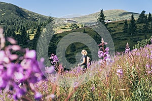 Woman hiking with backpack and trekking poles. Nature tourism in Ukrainian Carpathian mountains