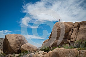 Woman hiking a boulder in Joshua Tree National Park