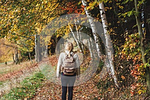 Woman hiking on footpath in autumn f