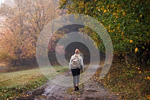 Woman hiking on footpath in autumn forest. Fog weather