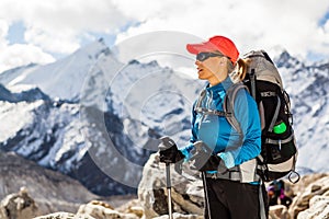 Woman hiking in Himalaya Mountains