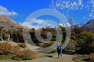 Woman hiking in the mountains, Mount Fitz Roy, Patagonia, Argentina