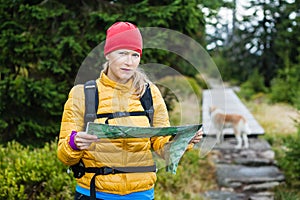 Woman hiking and reading map in forest