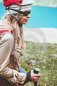 Woman hiking Travel Lifestyle wanderlust concept photo