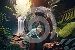 woman hiking on tropical forest, looking at waterfall, adventure, generative ai