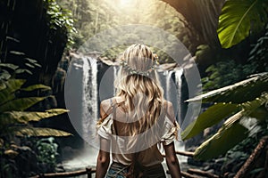 woman hiking on tropical forest, looking at waterfall, adventure, generative ai