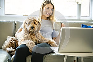 Woman with his Golden Labradoodle dog at home drinking coffee