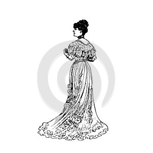 Woman in historical costumes Edwardian era, steampunk design for card. Hand drawing - Vector