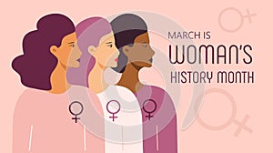 Woman history month concept vector on flat style. Event is celebrated in March in USA, United Kingdom, Australia. Girl power and