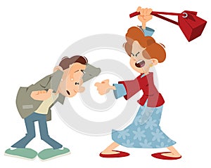 Woman hits man by bag. Illustration for internet and mobile website