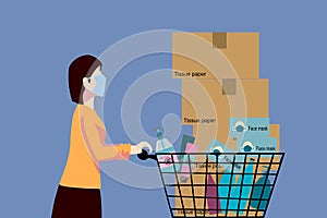 A woman is hoarding many product in her shopping cart