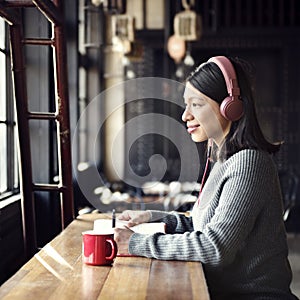 Woman Hobby Coffee Shop Listening Music Concept