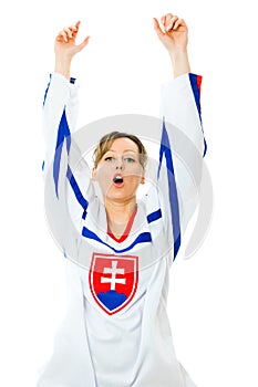 Woman Hockey fan in jersey in national color of Slovakia cheer, celebrating goal