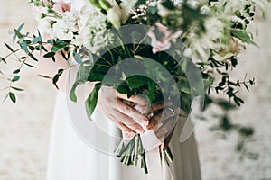 Woman hold a bunch of flowers. Artwork