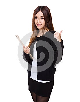 Woman hold with clipboard and thumb up