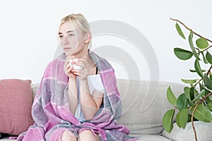 Woman hold cup covered blanket comfy home leisure