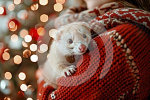 a woman hold ferret on a festive background. ai generative