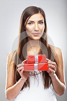 Woman hold gift box isolated portrait. Beautiful model , long h