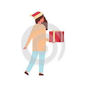 Woman hold gift box present merry christmas happy new year holiday celebration concept full length female cartoon