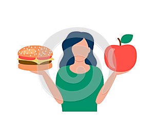 Woman hold hamburger and apple in hands, choice between healthy and unhealthy food. Choice organic or junk meal. Good vs