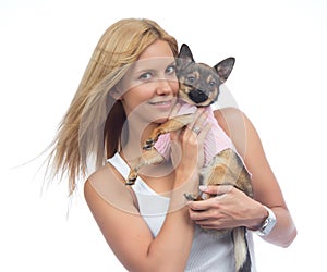 Woman hold in hands small Chihuahua dog or puppy