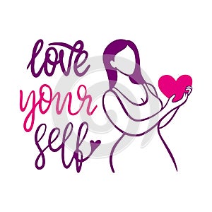 Woman hold heart. Love yourself, female line silhouette and handwritten lettering motivational phrase. Positive thinking