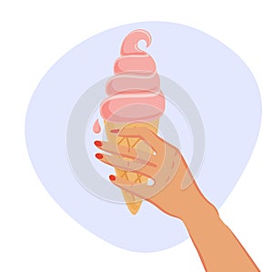 Woman hold ice cream. Vector illustration