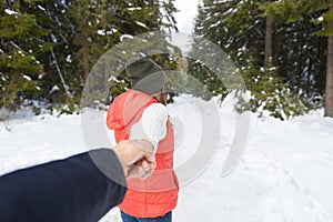 Woman Hold Man Hand Romantic Couple Snow Forest Outdoor Winter Walk