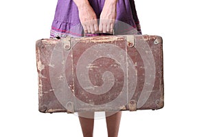 woman hold retro suitcase