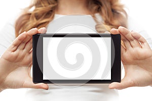 Woman hold tablet PC on white