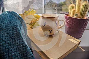 Woman holdig a Cup of autumn tea, coffee, and yellow dry leaves near a window,
