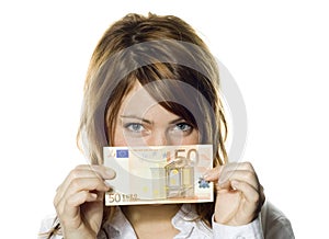 Woman holding 50 Euro note