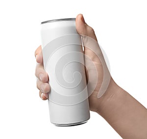 Woman holding aluminum can with beverage on white background, closeup.