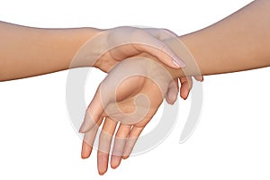 Woman is holding another female by the wrist of her hand