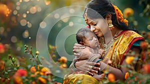 Woman Holding Baby in Field of Flowers