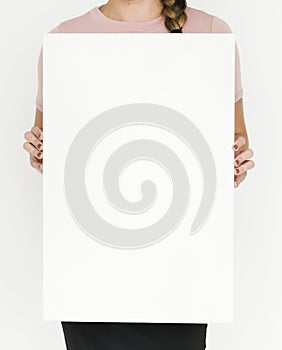 Woman Holding Banner Copy Space Portrait Concept