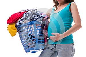 The woman holding basket of dirty clothing requiring washing