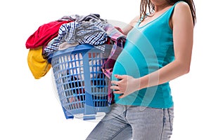 The woman holding basket of dirty clothing requiring washing