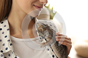 Woman holding bearded lizard indoors. Exotic pet