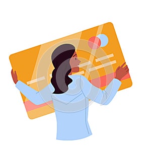 Woman holding big credit card to pay, exchange or transfer money, shopping online