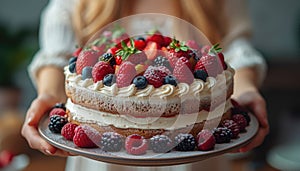 A woman holding a birthday cake decorated with berries