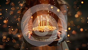 A woman holding a birthday cake with lit candles on it