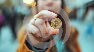 Woman Holding Bitcoin Coin in Focus With Blurred Background