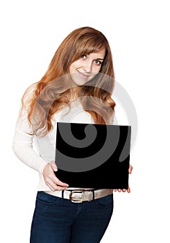 Woman holding blackboard.