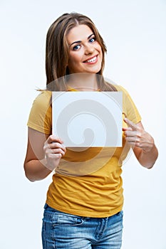 Woman holding blanc card