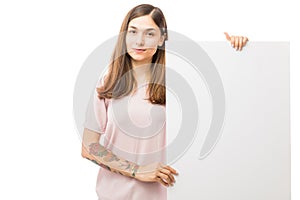 Woman Holding Blank Advertisement Board Over White Background