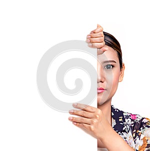 Woman holding a blank billboard.